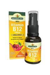 Natures Aid Vitamin B12 Daily Oral Spray in cherry flavor, 30ml, supports energy and reduces fatigue.