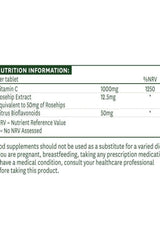 Nutrition facts panel for Natures Aid Vitamin C 1000 mg, detailing ingredients and nutrient values.