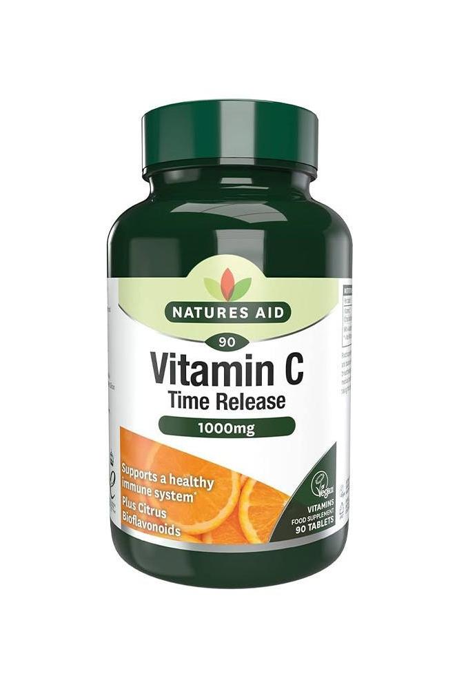 Natures Aid Vitamin C 1000mg Time Release, 90 tablets bottle, supports immune health and collagen production.