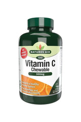 Natures Aid Vitamin C 500mg chewable tablets for immune support, 100 count, orange flavor, no added sugar.