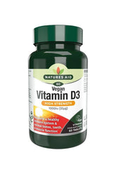 Natures Aid Vegan Vitamin D3 1000 IU supplement bottle with 60 tablets, supporting bones, teeth, and immune health.