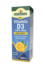 Natures Aid Vitamin D3 Oral Spray in orange flavor, 30ml, supports healthy immune function and calcium levels.