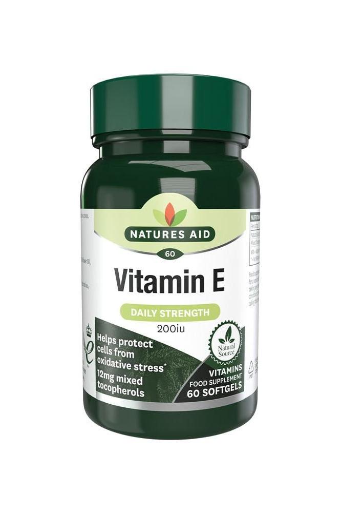 Natures Aid Vitamin E 200 IU softgels bottle, featuring antioxidant support and vegan-friendly ingredients.