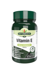 Natures Aid Vitamin E 200 IU softgels bottle, featuring antioxidant support and vegan-friendly ingredients.