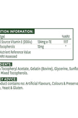 Nutrition information for Natures Aid Vitamin E 200 IU softgels, including ingredients and %NRV.