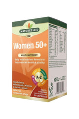 Natures Aid Women's 50+ Multi-Vitamins & Minerals box featuring key benefits and ingredients, 30 capsules.