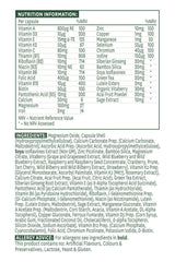 Nutrition information and ingredients for Natures Aid Women's 50+ Multi-Vitamins & Minerals capsules.