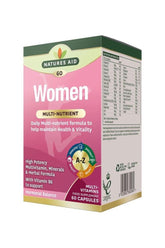 Natures Aid Women's Multi-Vitamins & Minerals 60 capsules box with details on benefits and ingredients.