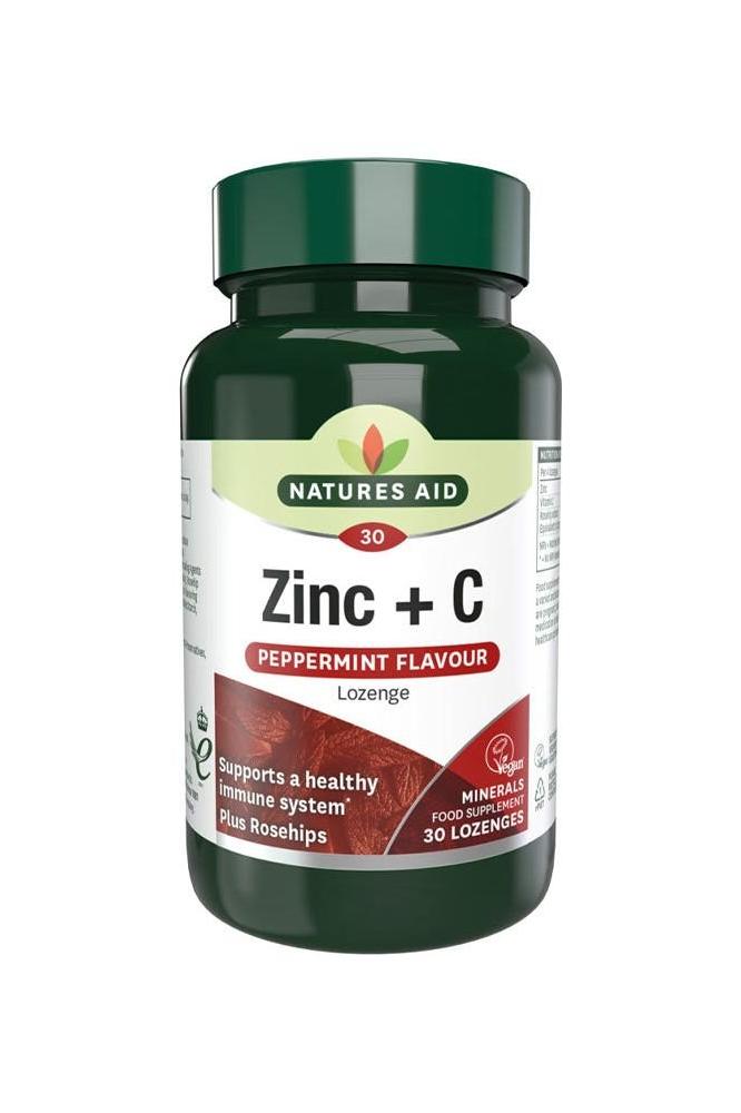 Natures Aid Zinc + C lozenge bottle in peppermint flavour, supports immune health with 30 lozenges.