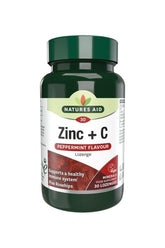 Natures Aid Zinc + C lozenge bottle in peppermint flavour, supports immune health with 30 lozenges.