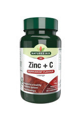 Natures Aid Zinc + C lozenge bottle in peppermint flavour, supports immune health with 30 lozenges.