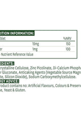 Nutrition facts for Natures Aid Zinc Picolinate 15 mg tablets, including ingredients and nutrient values.