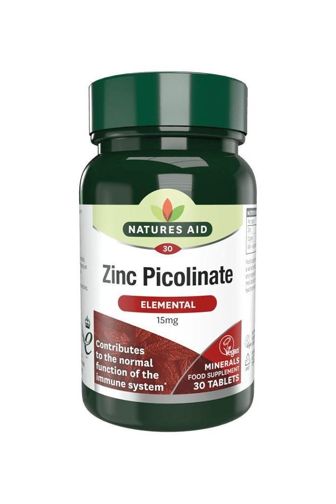 Natures Aid Zinc Picolinate 15 mg tablets bottle promoting immune health and overall wellness - 30 count.