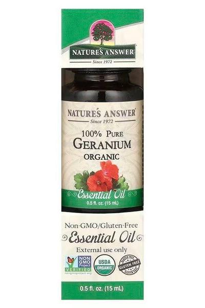 Nature's Answer 100% Pure Geranium Essential Oil in 15 ml bottle, organic, gluten-free, non-GMO.