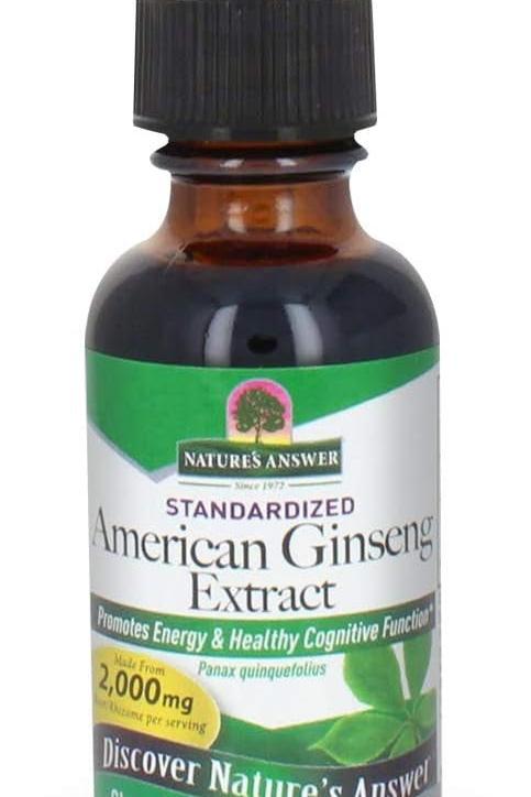 Nature's Answer American Ginseng Extract 30 ml bottle, promotes energy and cognitive health with standardized formulation.
