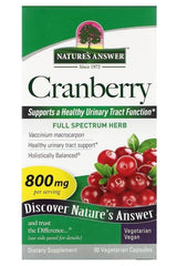 Nature's Answer Cranberry supplement box promoting healthy urinary tract function with 800mg of full spectrum herb.