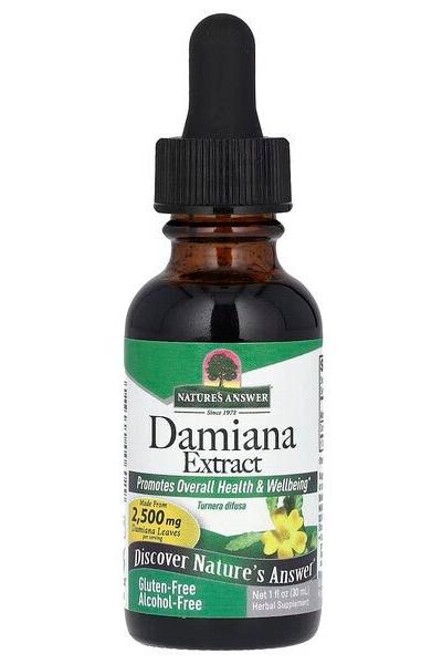 Nature's Answer Damiana Extract 30ml promoting overall health and wellbeing, gluten-free and alcohol-free.