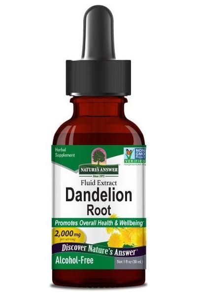 Nature's Answer Dandelion Root extract 2000 mg in a dropper bottle, promotes overall health and wellbeing, alcohol-free.