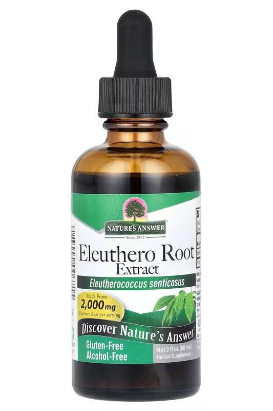 Nature's Answer Eleuthero Root Extract 60 ml, alcohol-free, supports immune system, gluten-free, natural herbal supplement.