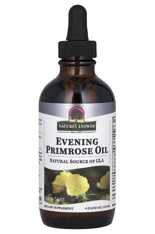 Nature's Answer Evening Primrose Oil 120 ml bottle, natural source of GLA, supports heart health and regulates cholesterol.