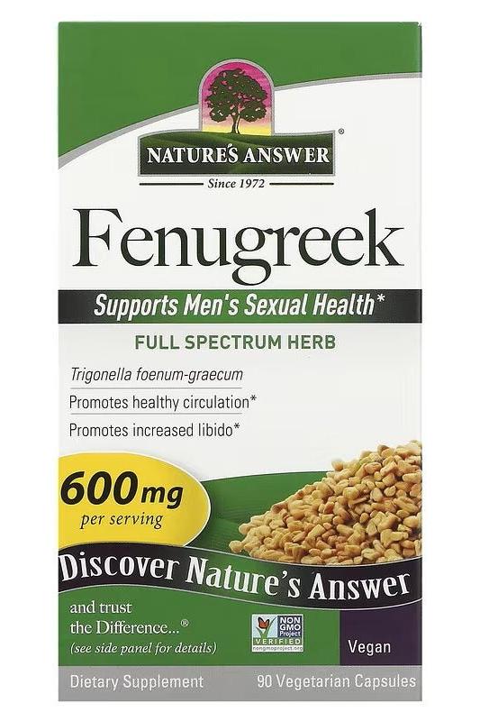 Nature's Answer Fenugreek capsules, supports men's sexual health, 90 vegetarian capsules with 600 mg per serving.