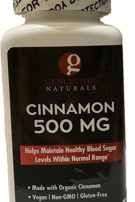 Genceutic Naturals Cinnamon 500 mg supplement bottle, supports healthy blood sugar levels.