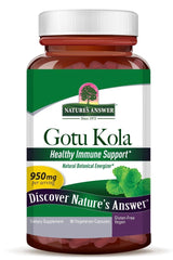 Nature's Answer Gotu Kola bottle, 950mg, supports immune health and mental clarity, gluten-free vegetarian supplement.