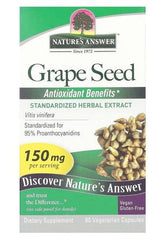 Nature's Answer Grape Seed dietary supplement with antioxidant benefits, 150 mg per serving, gluten-free and vegan.