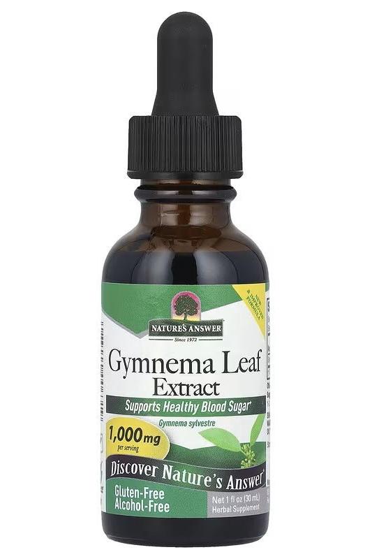 Nature's Answer Gymnema Leaf Extract bottle, 30 ml, supports healthy blood sugar levels, gluten-free and alcohol-free.