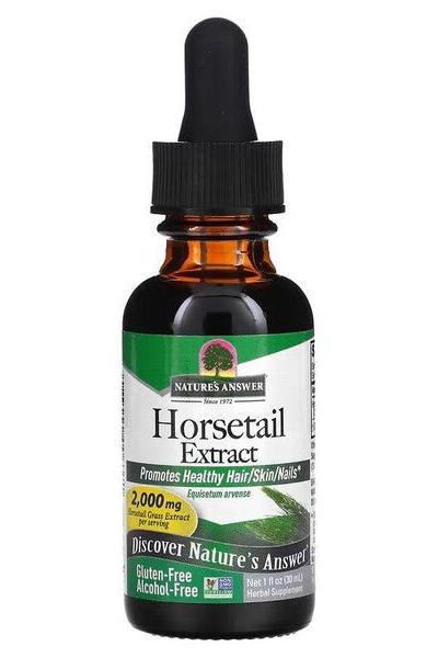 Nature's Answer Horsetail Extract dropper bottle promotes healthy hair, skin, and nails; gluten-free and alcohol-free.