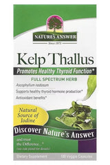 Nature's Answer Kelp Thallus supplement box, supports thyroid health, contains iodine, 100 veggie capsules.