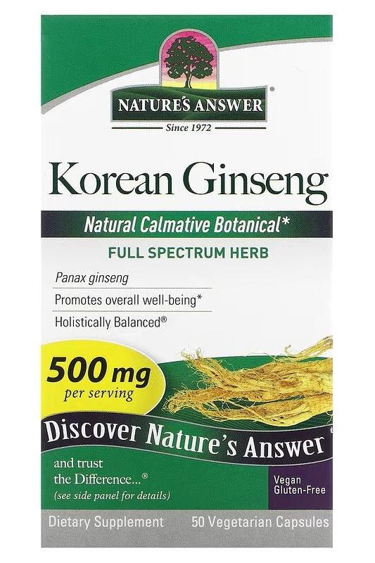 Nature's Answer Korean Ginseng 500 mg dietary supplement, promoting overall well-being and wellness in 50 vegetarian capsules.