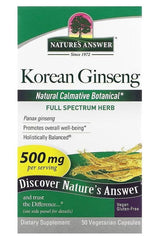 Nature's Answer Korean Ginseng 500 mg dietary supplement, promoting overall well-being and wellness in 50 vegetarian capsules.