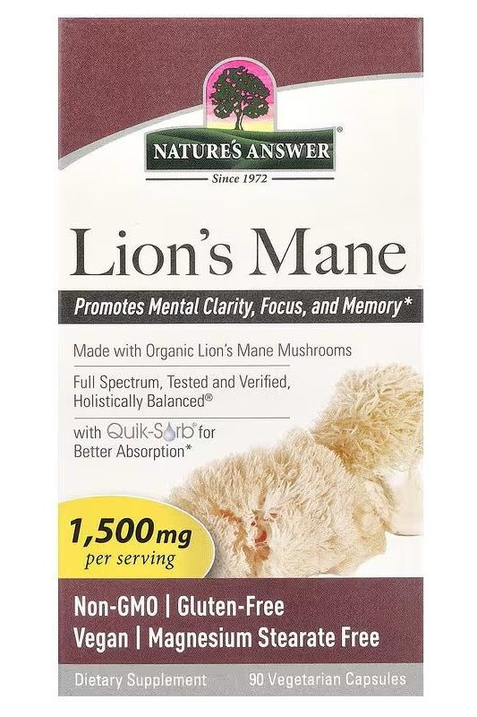 Nature's Answer Lion's Mane 1500 mg supplement, promotes mental clarity, focus, and memory, 90 vegetarian capsules