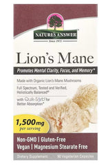Nature's Answer Lion's Mane 1500 mg supplement, promotes mental clarity, focus, and memory, 90 vegetarian capsules
