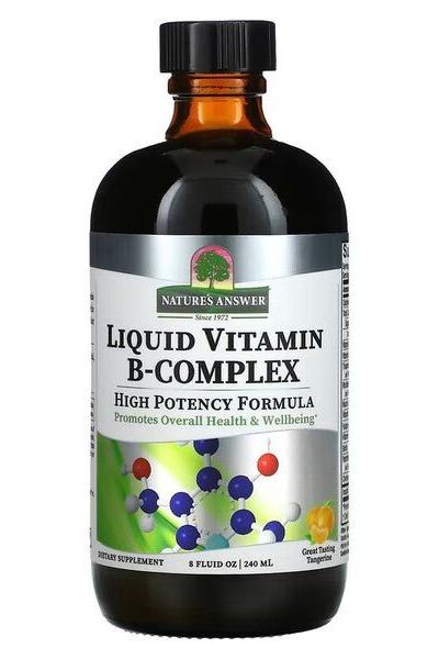Nature's Answer Liquid Vitamin B-Complex bottle, high potency formula, promoting overall health and wellbeing.