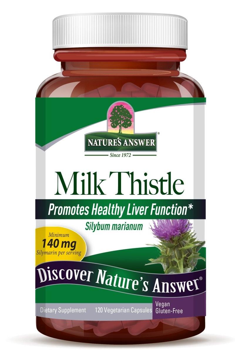 Nature's Answer Milk Thistle Seed Extract supplement bottle, supports liver health and detox.