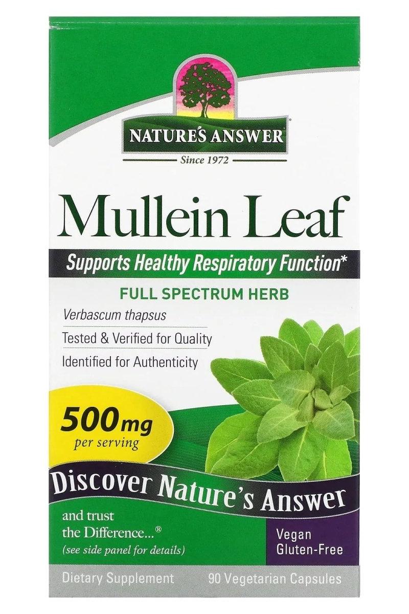 Nature's Answer Mullein Leaf supplement box with 90 vegetarian capsules, supports respiratory health