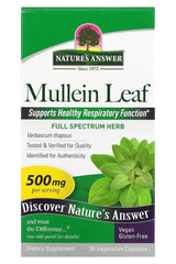 Nature's Answer Mullein Leaf supplement box with 90 vegetarian capsules, supports respiratory health