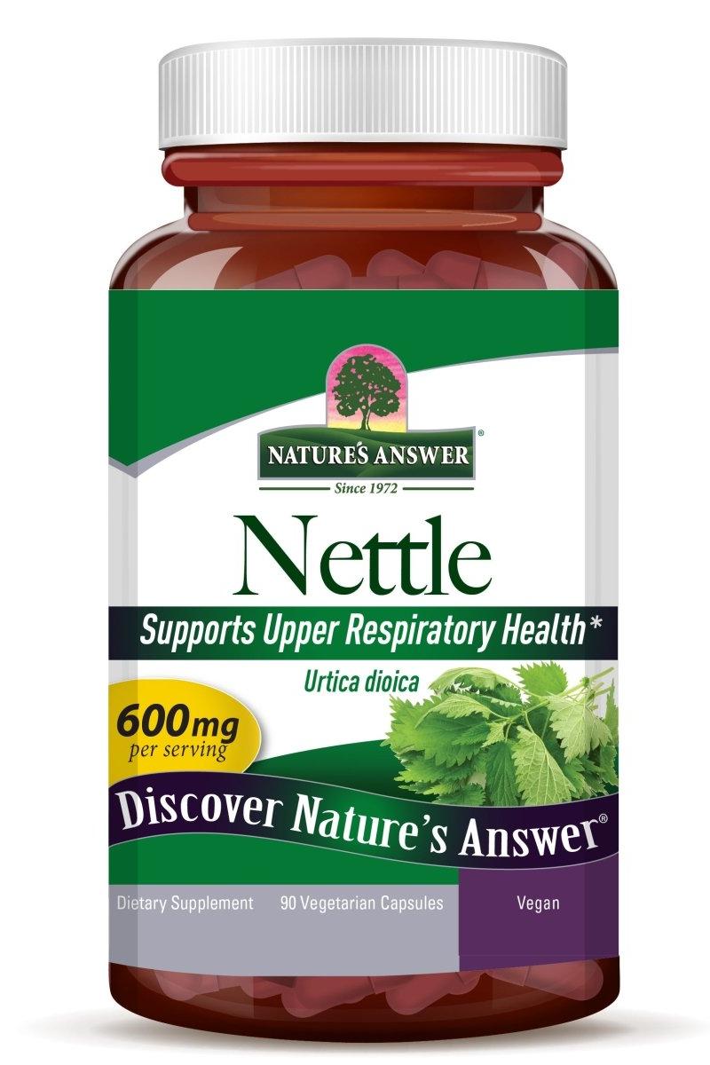 Nature's Answer Nettle supplement bottle, supports upper respiratory health with 90 vegetarian capsules.