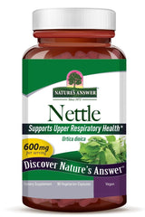 Nature's Answer Nettle supplement bottle, supports upper respiratory health with 90 vegetarian capsules.