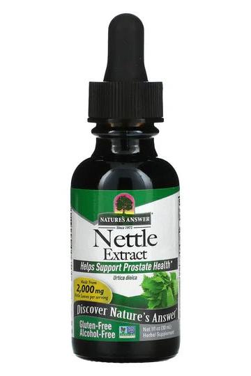 Nature's Answer Nettle Extract bottle, promotes prostate health, gluten-free, 2000 mg, Urtica dioica, herbal supplement.