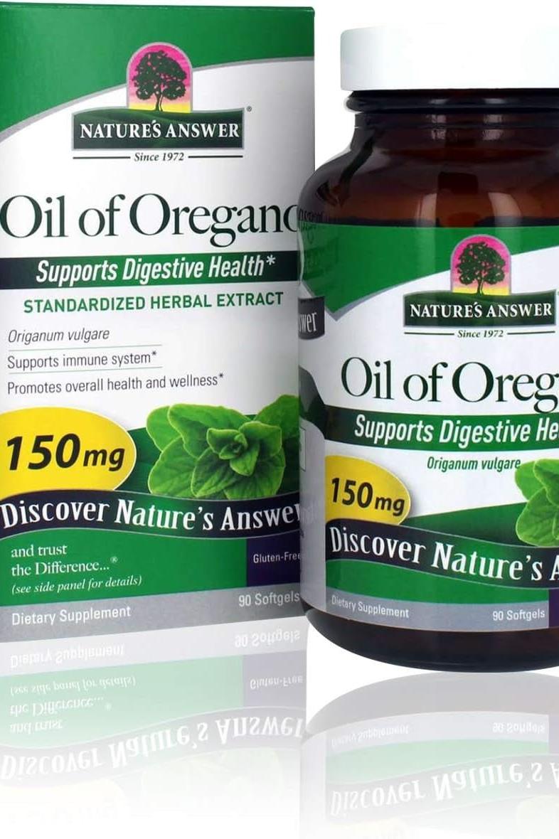 Nature's Answer Oil of Oregano bottles promoting digestive health and wellness, featuring a standardized herbal extract.