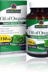 Nature's Answer Oil of Oregano bottles promoting digestive health and wellness, featuring a standardized herbal extract.