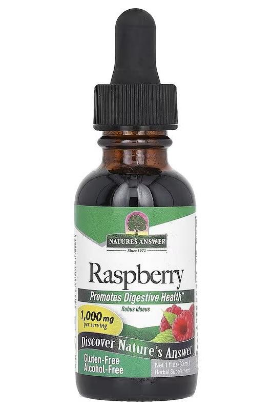Nature's Answer Raspberry 30 ml dropper bottle promoting digestive health with 1000 mg per serving.