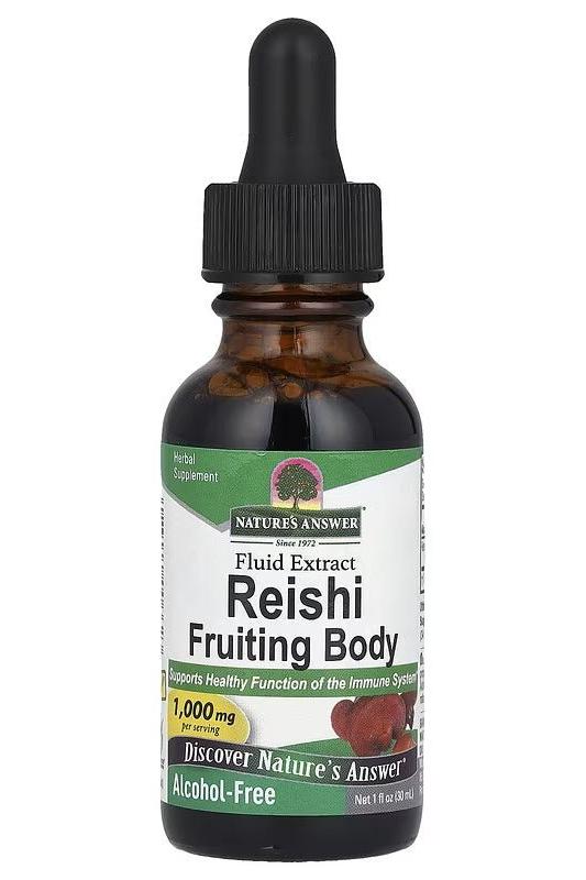 Nature's Answer Reishi Fruiting Body extract bottle, 30 ml, supports immune system health and offers antioxidant benefits.