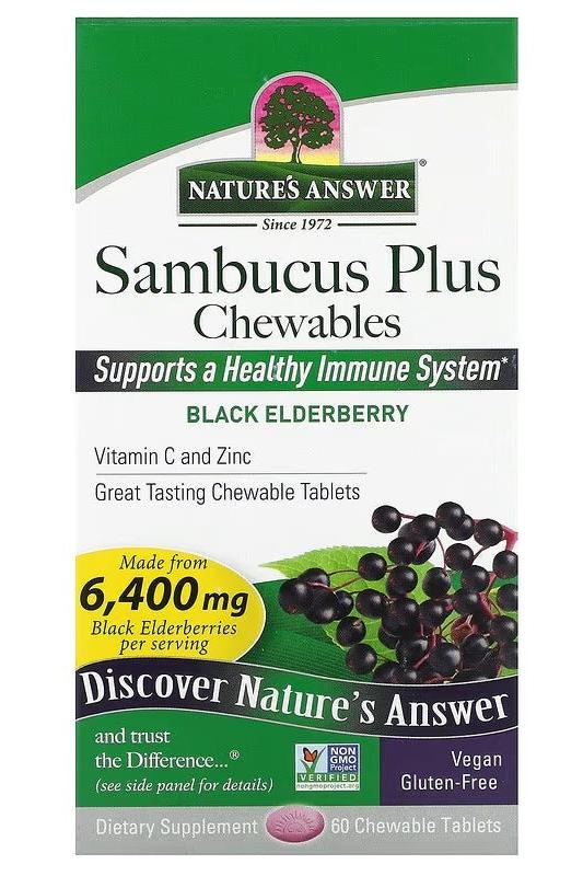 Nature's Answer Sambucus Plus Chewables with Black Elderberry, 60 tablets. Supports immune health with vitamin C and zinc.