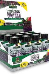 Nature's Answer Sambucus Super Shot display box with 12 immune support drinks, each 60 ml.