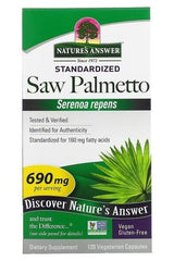 Nature's Answer Saw Palmetto Extract packaging, 690mg per serving, vegan dietary supplement, supports prostate health.