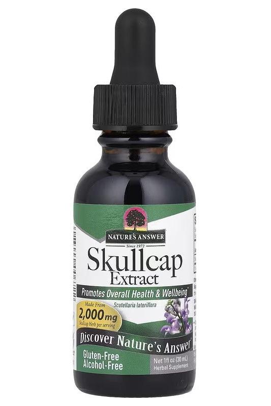 Nature's Answer Skullcap Extract 30 ml bottle, promoting overall health and well-being, gluten-free and alcohol-free.